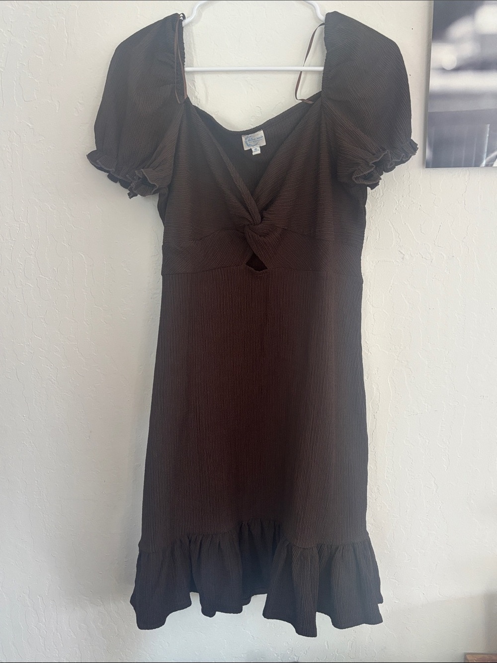 Brown Puff-Sleeve Knot Front Mini Dress